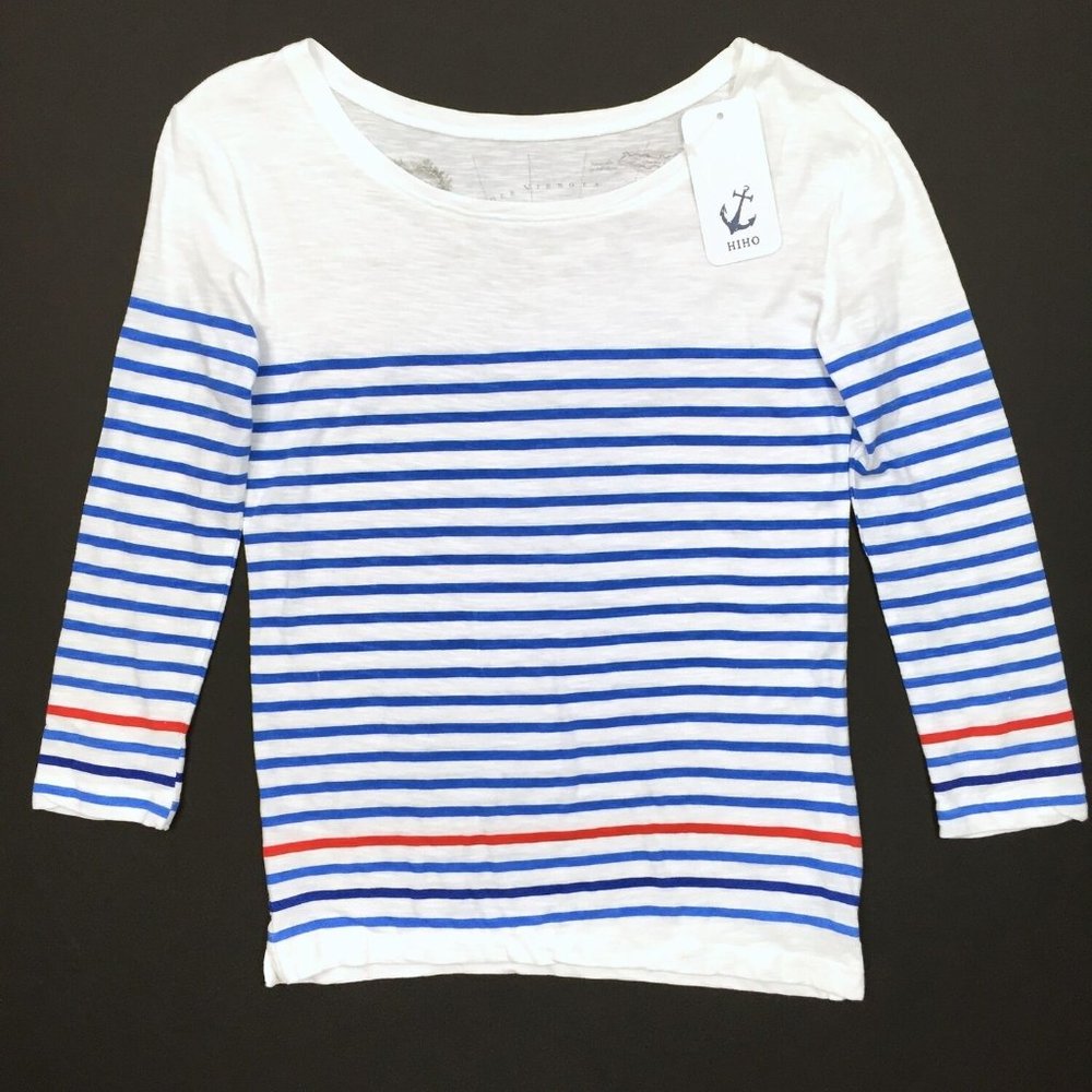 Hiho Striped Slub T Shirt Size Medium Blue Red Boat Neck Cotton